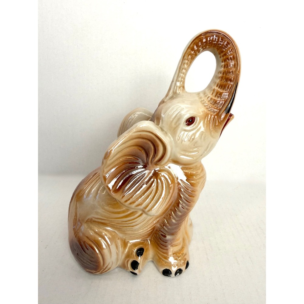 Vintage‎ Ceramic Elephant Figurine Iridescent Lusterware Trunk Up Tan Cream Luck